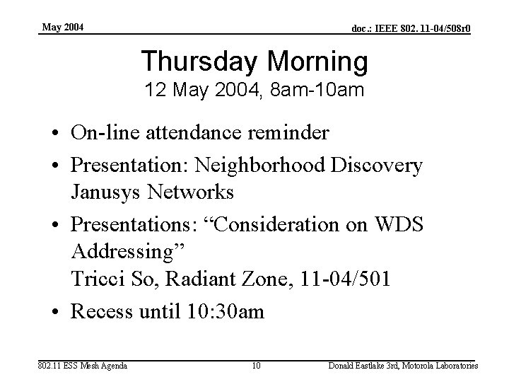 May 2004 doc. : IEEE 802. 11 -04/508 r 0 Thursday Morning 12 May
