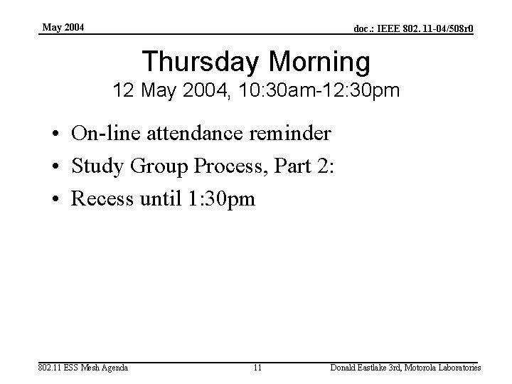 May 2004 doc. : IEEE 802. 11 -04/508 r 0 Thursday Morning 12 May