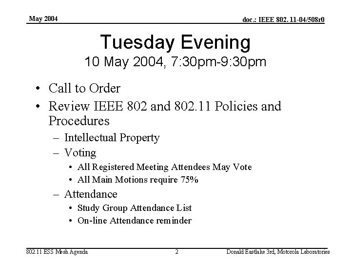 May 2004 doc. : IEEE 802. 11 -04/508 r 0 Tuesday Evening 10 May