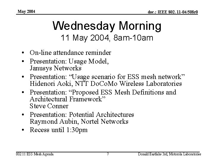 May 2004 doc. : IEEE 802. 11 -04/508 r 0 Wednesday Morning 11 May