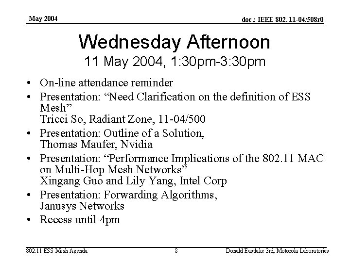 May 2004 doc. : IEEE 802. 11 -04/508 r 0 Wednesday Afternoon 11 May