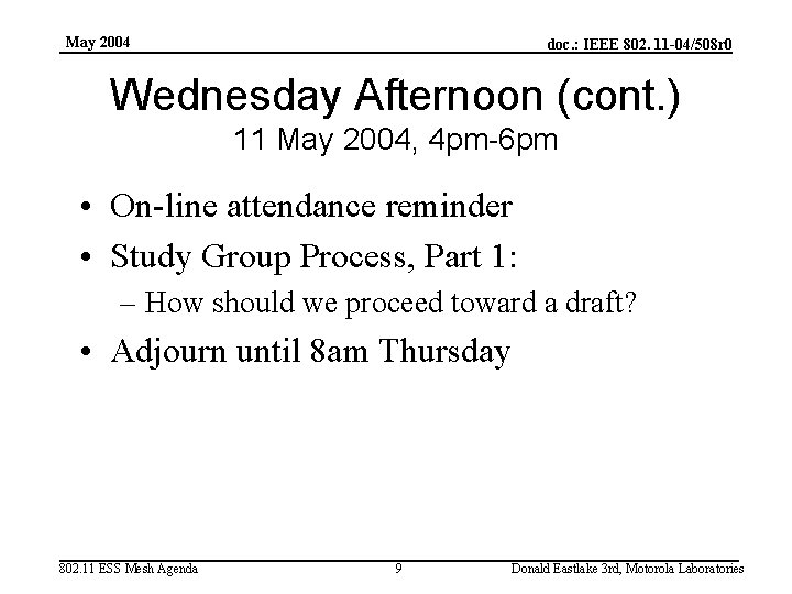 May 2004 doc. : IEEE 802. 11 -04/508 r 0 Wednesday Afternoon (cont. )