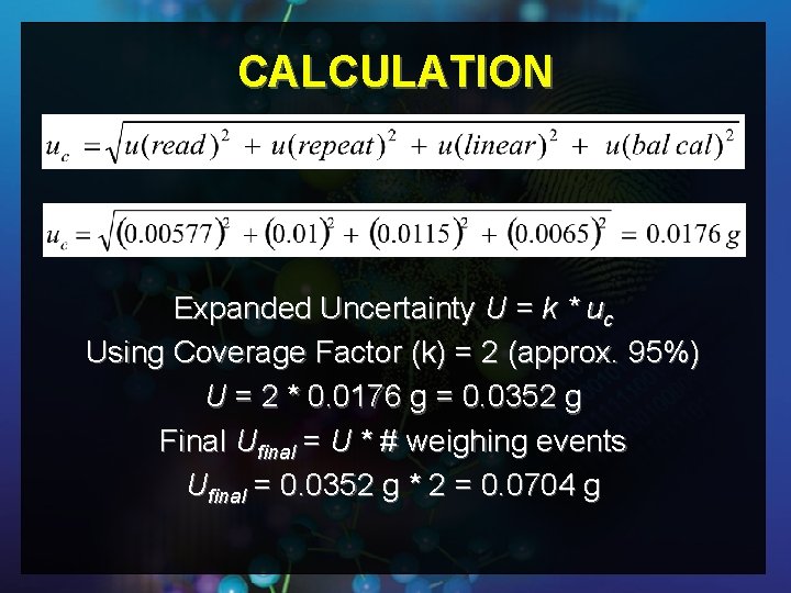 CALCULATION Expanded Uncertainty U = k * uc Using Coverage Factor (k) = 2