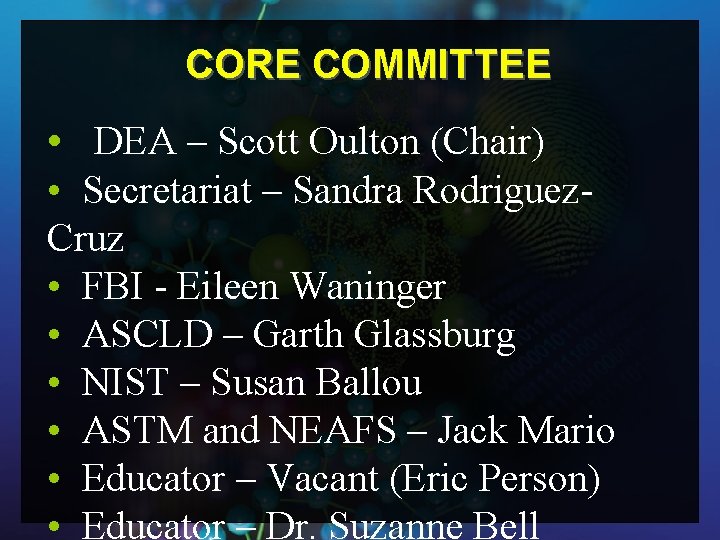 CORE COMMITTEE • DEA – Scott Oulton (Chair) • Secretariat – Sandra Rodriguez. Cruz