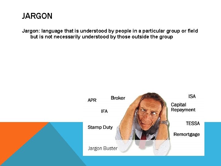 JARGON Jargon: language that is understood by people in a particular group or field