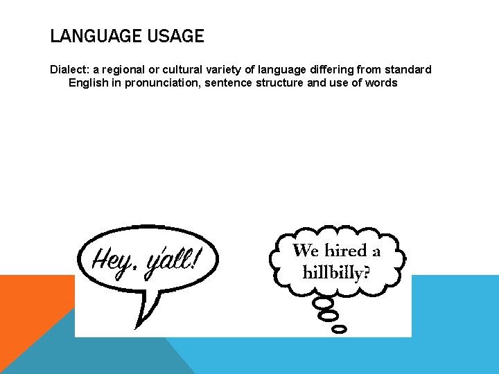 LANGUAGE USAGE Dialect: a regional or cultural variety of language differing from standard English