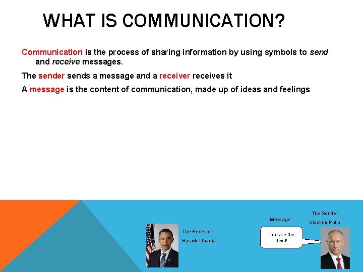 WHAT IS COMMUNICATION? Communication is the process of sharing information by using symbols to