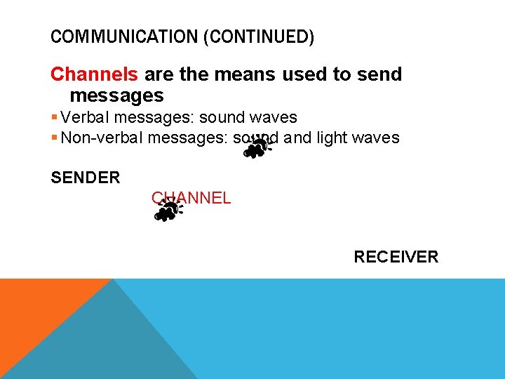 COMMUNICATION (CONTINUED) Channels are the means used to send messages § Verbal messages: sound