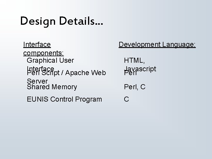 Design Details. . . Interface components: Graphical User Interface Perl Script / Apache Web