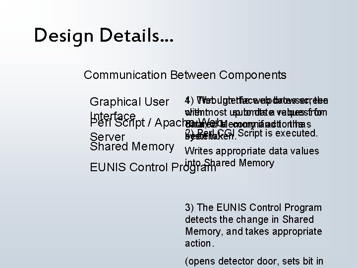 Design Details. . . Communication Between Components 4) Through Web Interface the web updates