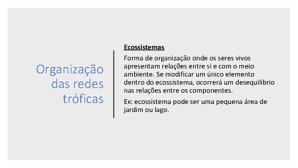Organização das redes tróficas Ecossistemas Forma de organização onde os seres vivos apresentam relações Organização das redes tróficas Ecossistemas Forma de organização onde os seres vivos apresentam relações