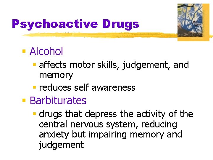 Psychoactive Drugs § Alcohol § affects motor skills, judgement, and memory § reduces self