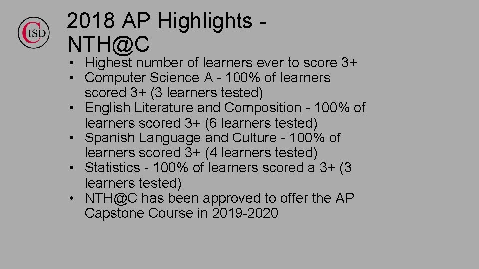 2018 AP Highlights NTH@C • Highest number of learners ever to score 3+ •