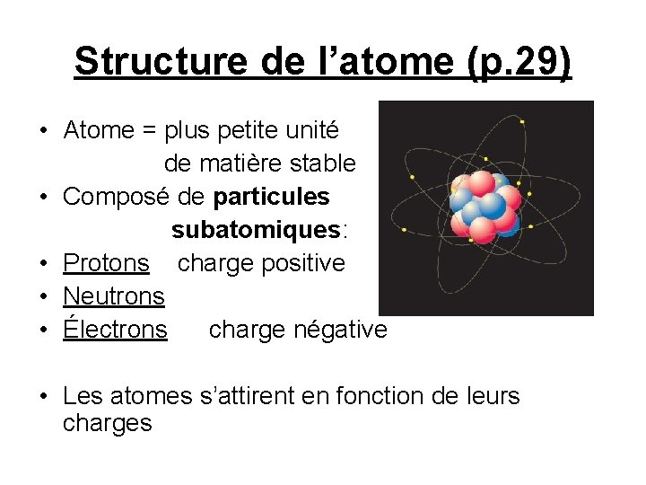 Structure de l’atome (p. 29) • Atome = plus petite unité de matière stable