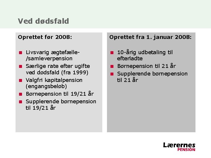 Ved dødsfald Oprettet før 2008: Oprettet fra 1. januar 2008: < Livsvarig ægtefælle/samleverpension <