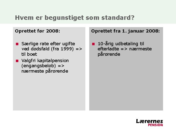 Hvem er begunstiget som standard? Oprettet før 2008: Oprettet fra 1. januar 2008: <