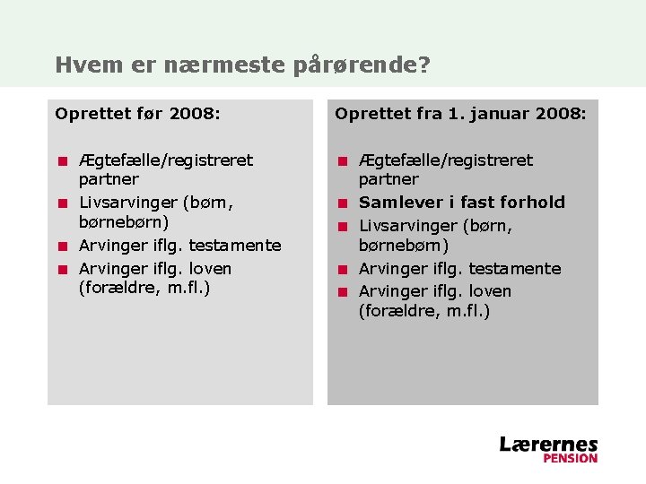 Hvem er nærmeste pårørende? Oprettet før 2008: Oprettet fra 1. januar 2008: < Ægtefælle/registreret