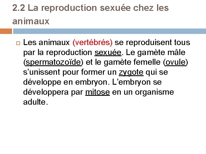 2. 2 La reproduction sexuée chez les animaux Les animaux (vertébrés) se reproduisent tous