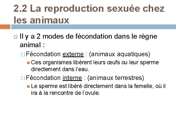 2. 2 La reproduction sexuée chez les animaux Il y a 2 modes de