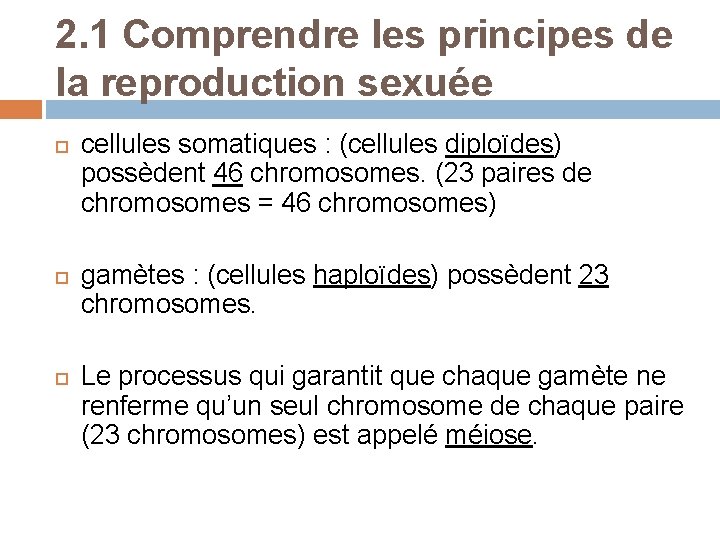 2. 1 Comprendre les principes de la reproduction sexuée cellules somatiques : (cellules diploïdes)