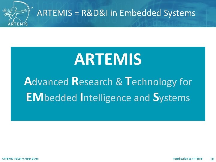 ARTEMIS = R&D&I in Embedded Systems ARTEMIS Advanced Research & Technology for EMbedded Intelligence