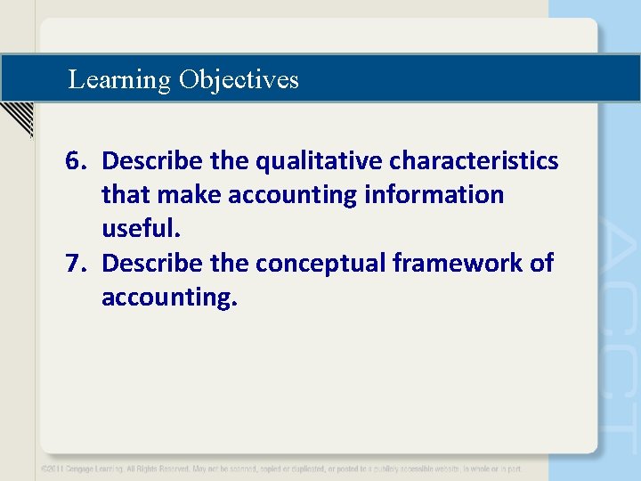 Learning Objectives 6. Describe the qualitative characteristics that make accounting information useful. 7. Describe