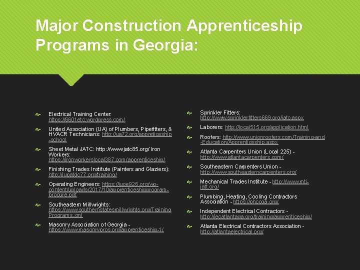 Major Construction Apprenticeship Programs in Georgia: Electrical Training Center: https: //6601 etc. wordpress. com/