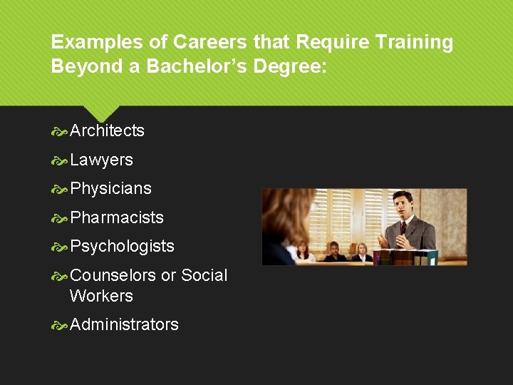 Examples of Careers that Require Training Beyond a Bachelor’s Degree: Architects Lawyers Physicians Pharmacists