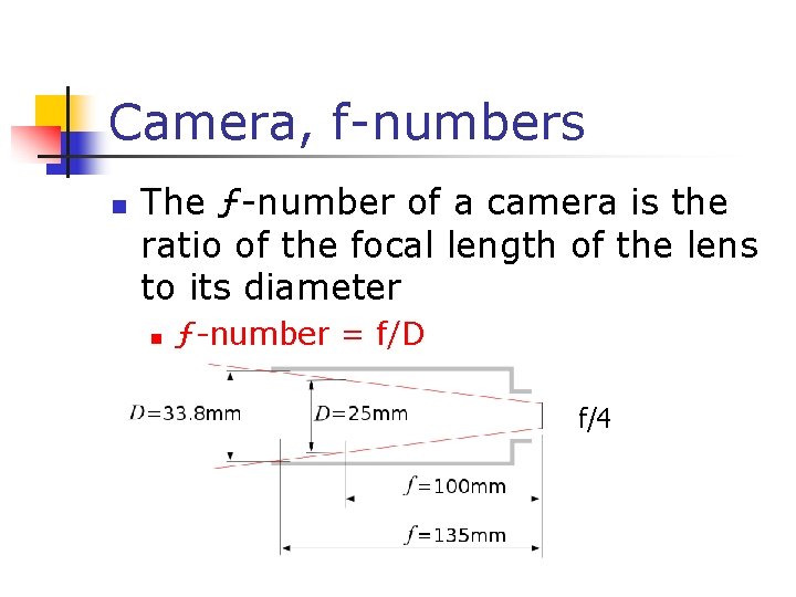 Camera, f-numbers n The ƒ-number of a camera is the ratio of the focal