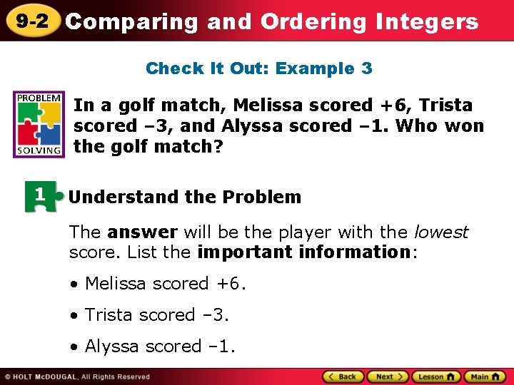 9 -2 Comparing and Ordering Integers Check It Out: Example 3 In a golf 9 -2 Comparing and Ordering Integers Check It Out: Example 3 In a golf
