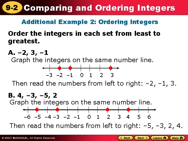 9 -2 Comparing and Ordering Integers Additional Example 2: Ordering Integers Order the integers 9 -2 Comparing and Ordering Integers Additional Example 2: Ordering Integers Order the integers