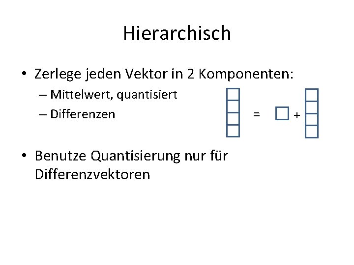 Hierarchisch • Zerlege jeden Vektor in 2 Komponenten: – Mittelwert, quantisiert – Differenzen •