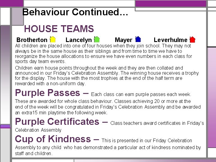 Behaviour Continued… HOUSE TEAMS Brotherton Lancelyn Mayer Leverhulme All children are placed into one
