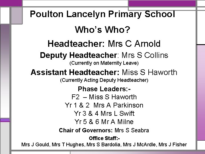 Poulton Lancelyn Primary School Who’s Who? Headteacher: Mrs C Arnold Deputy Headteacher: Mrs S