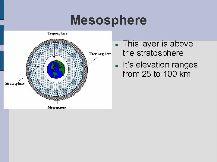 Mesosphere This layer is above the stratosphere It’s elevation ranges from 25 to 100