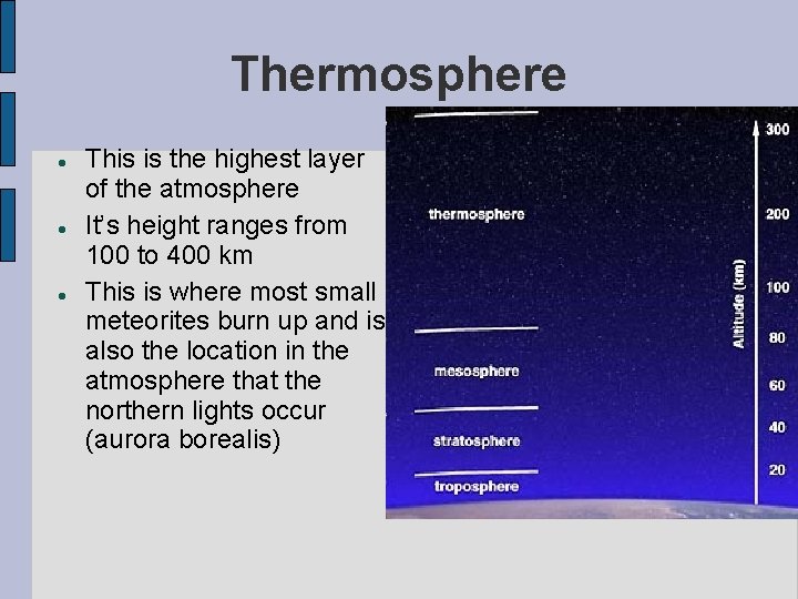 Thermosphere This is the highest layer of the atmosphere It’s height ranges from 100