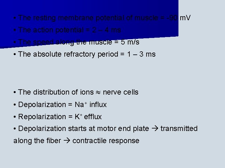  • The resting membrane potential of muscle = -90 m. V • The