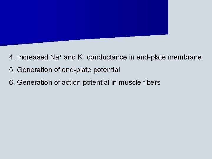 4. Increased Na+ and K+ conductance in end-plate membrane 5. Generation of end-plate potential