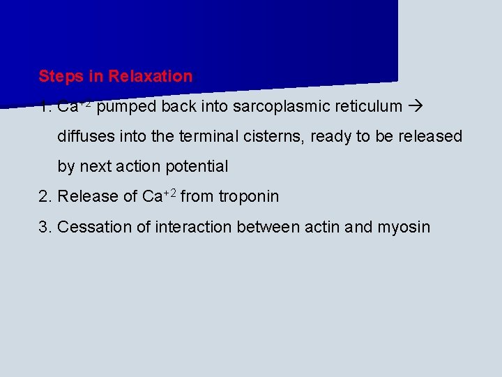 Steps in Relaxation: 1. Ca+2 pumped back into sarcoplasmic reticulum diffuses into the terminal