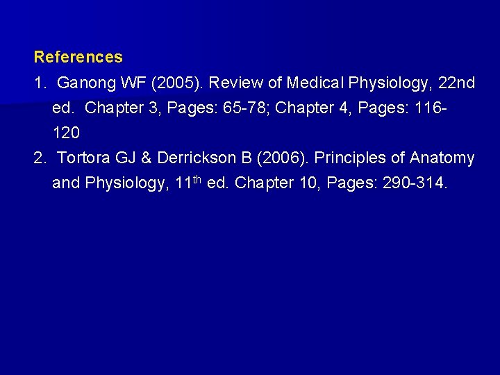 References 1. Ganong WF (2005). Review of Medical Physiology, 22 nd ed. Chapter 3,