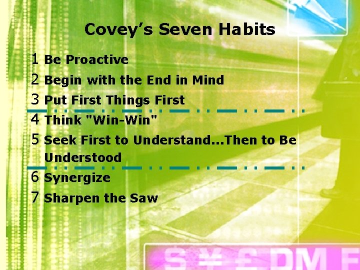 Covey’s Seven Habits 1 Be Proactive 2 Begin with the End in Mind 3