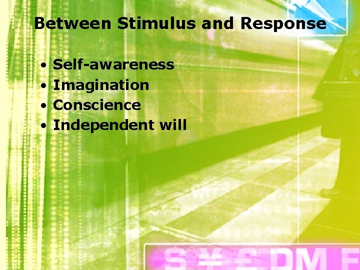 Between Stimulus and Response • • Self-awareness Imagination Conscience Independent will 