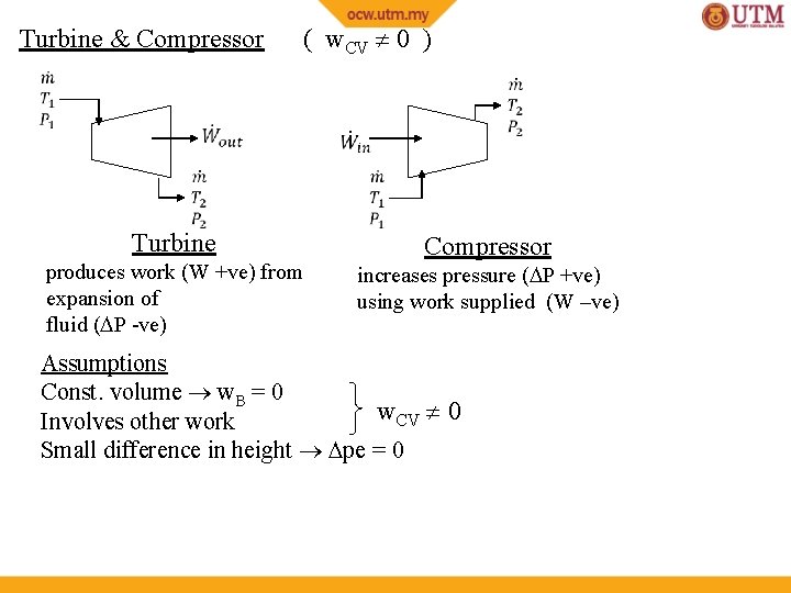 Turbine & Compressor Turbine produces work (W +ve) from expansion of fluid ( P