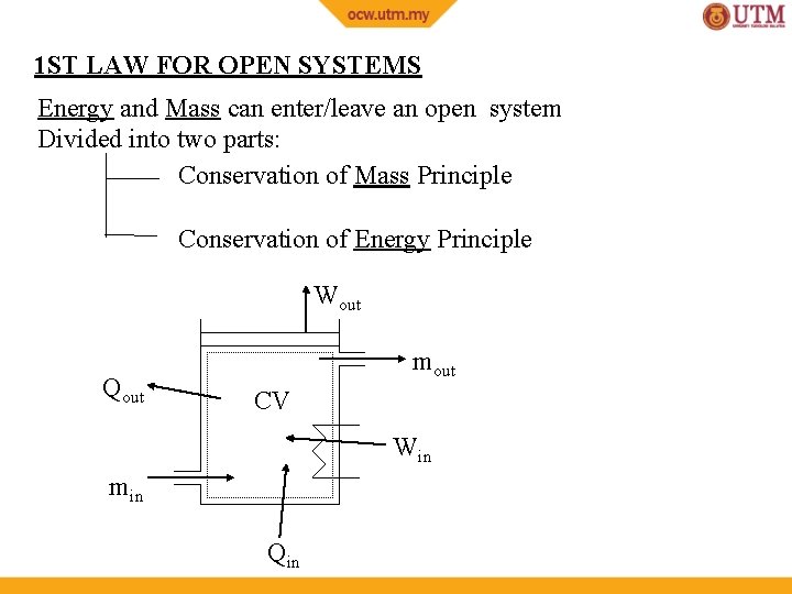 1 ST LAW FOR OPEN SYSTEMS Energy and Mass can enter/leave an open system