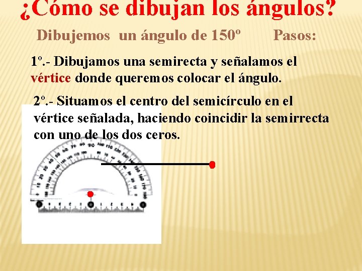 ¿Cómo se dibujan los ángulos? Dibujemos un ángulo de 150º Pasos: 1º. - Dibujamos