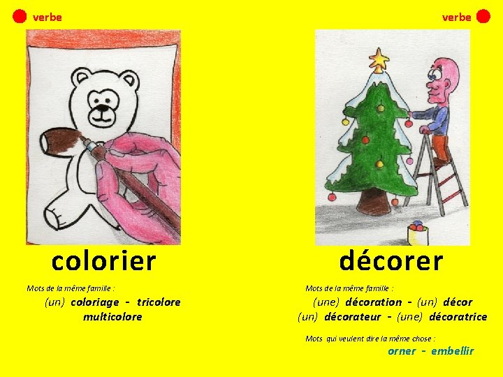 verbe colorier Mots de la même famille : (un) coloriage - tricolore multicolore verbe
