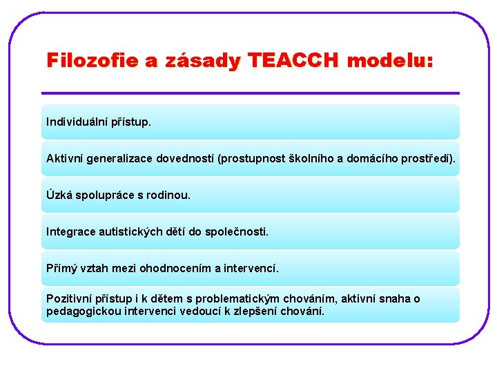 Filozofie a zásady TEACCH modelu: Individuální přístup. Aktivní generalizace dovedností (prostupnost školního a domácího