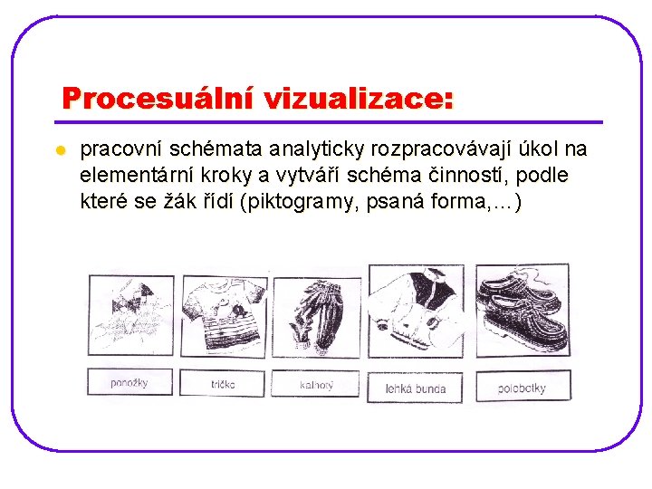 Procesuální vizualizace: l pracovní schémata analyticky rozpracovávají úkol na elementární kroky a vytváří schéma
