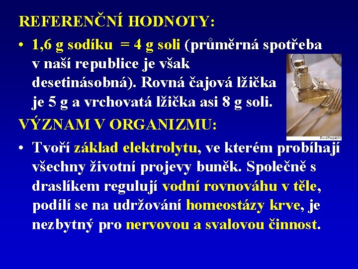 REFERENČNÍ HODNOTY: • 1, 6 g sodíku = 4 g soli (průměrná spotřeba v