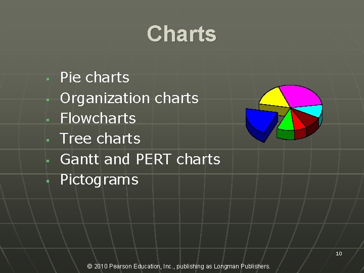 Charts § § § Pie charts Organization charts Flowcharts Tree charts Gantt and PERT
